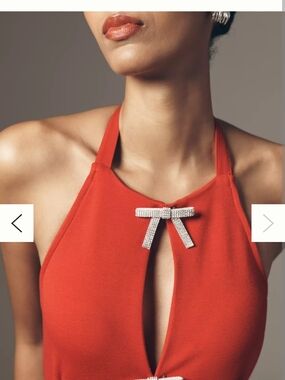 Anthropologie Red Halter Knit Top with Rhinestone Bow